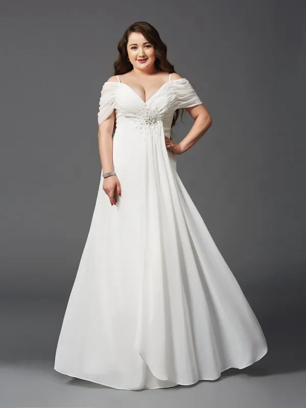 Elegant White Chiffon A-Line V Neck Off Shoulder Zip Back Evening Dress
