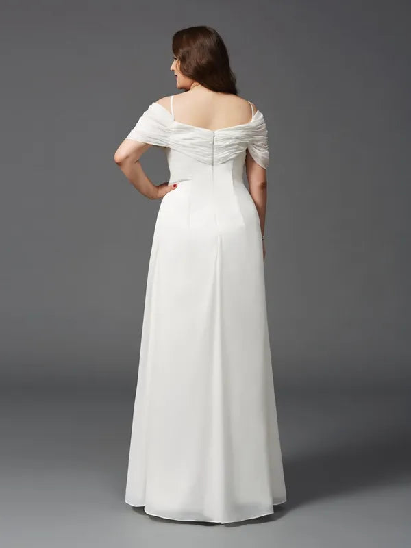 Elegant White Chiffon A-Line V Neck Off Shoulder Zip Back Evening Dress