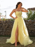 Sweet Yellow Tulle A-Line Lace Spaghetti Crisscross Back Prom Dress