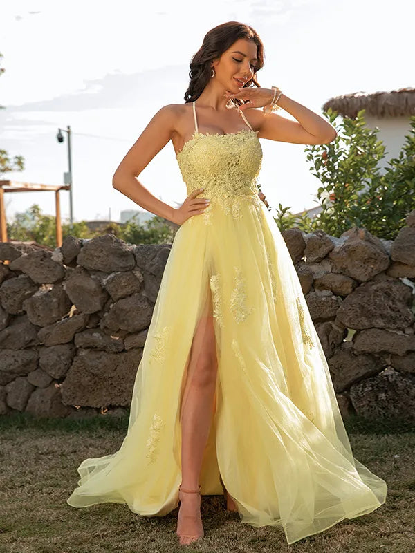 Sweet Yellow Tulle A-Line Lace Spaghetti Crisscross Back Prom Dress