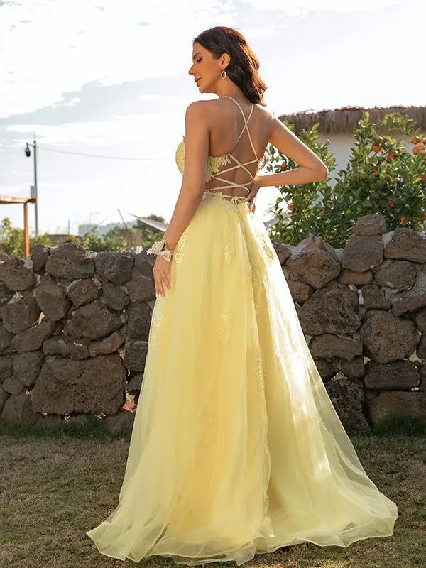 Sweet Yellow Tulle A-Line Lace Spaghetti Crisscross Back Prom Dress