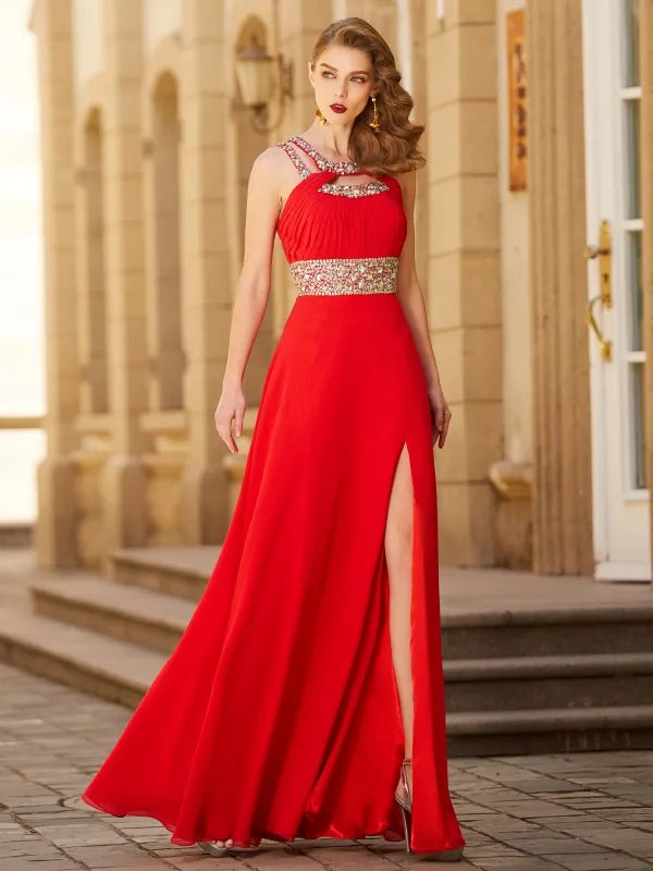 Gorgeous Red Chiffon A-Line Halter Sleeveless Cutout Back Prom Dress