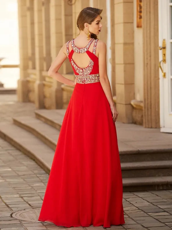 Gorgeous Red Chiffon A-Line Halter Sleeveless Cutout Back Prom Dress