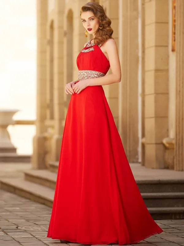 Gorgeous Red Chiffon A-Line Halter Sleeveless Cutout Back Prom Dress