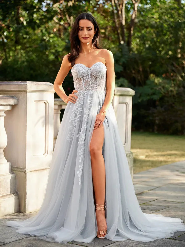 Romantic Dusty Blue Tulle A-Line Sweetheart Strapless Zip Prom Dress