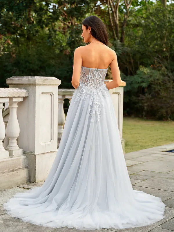 Romantic Dusty Blue Tulle A-Line Sweetheart Strapless Zip Prom Dress