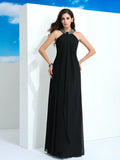 Elegant Black Chiffon A-Line Halter Neck Sleeveless Open Back Long Evening Dress