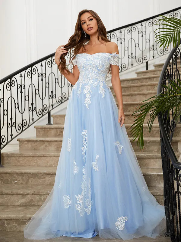 Romantic Light Blue Tulle A-Line Sweetheart Off Shoulder Open Back Train Prom Dress