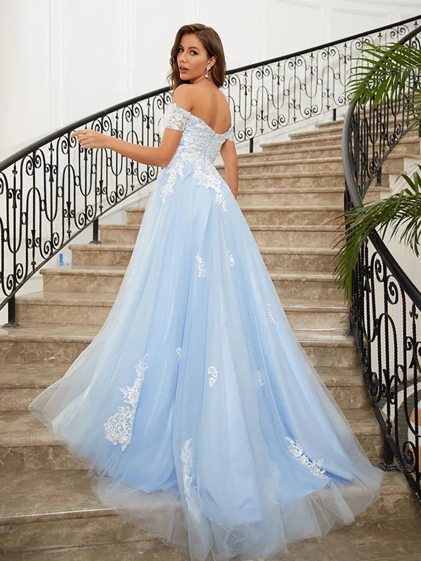 Romantic Light Blue Tulle A-Line Sweetheart Off Shoulder Open Back Train Prom Dress