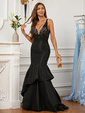 Chic Black Satin Mermaid V-Neck Lace Sleeveless V-Back Long Prom Dress