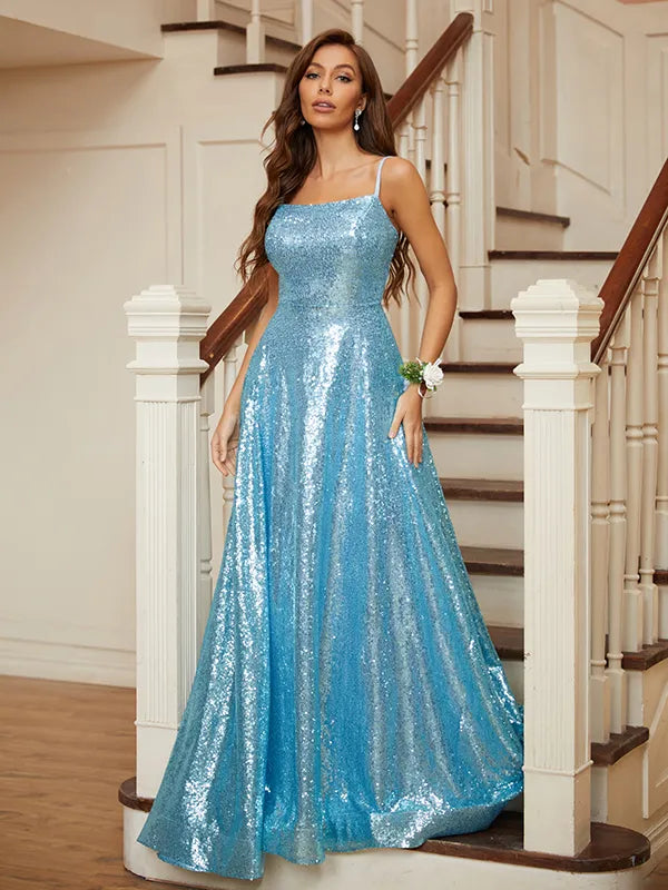 Shimmery Light Blue Sequin A Line Square Neck Spaghetti Strap Lace-Up Back Long Prom Dress