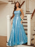 Shimmery Light Blue Sequin A Line Square Neck Spaghetti Strap Lace-Up Back Long Prom Dress