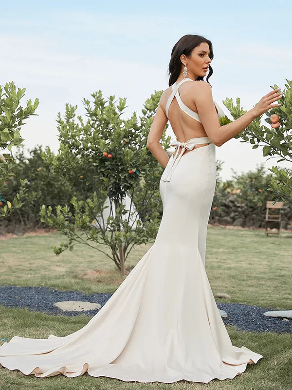 Chic Ivory Satin Mermaid V Neck Halter Crisscross Back Train Wedding Dress