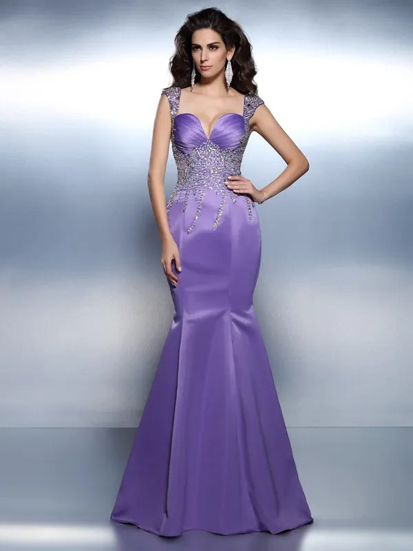 Gorgeous Purple Satin Mermaid Sweetheart Cap Sleeve Open Back Train Prom Dress