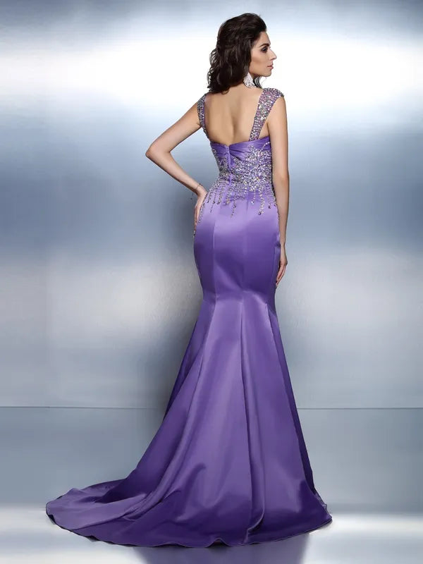 Gorgeous Purple Satin Mermaid Sweetheart Cap Sleeve Open Back Train Prom Dress