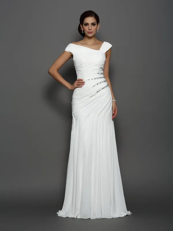 White Chiffon Sheath Asymmetric Neck Short Sleeve Open Back Long Evening Dress