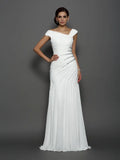 White Chiffon Sheath Asymmetric Neck Short Sleeve Open Back Long Evening Dress