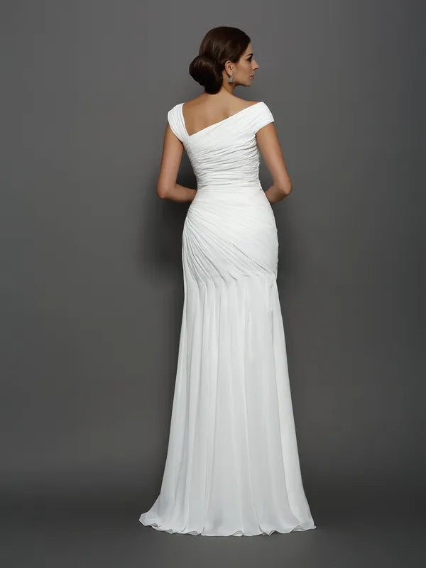 White Chiffon Sheath Asymmetric Neck Short Sleeve Open Back Long Evening Dress