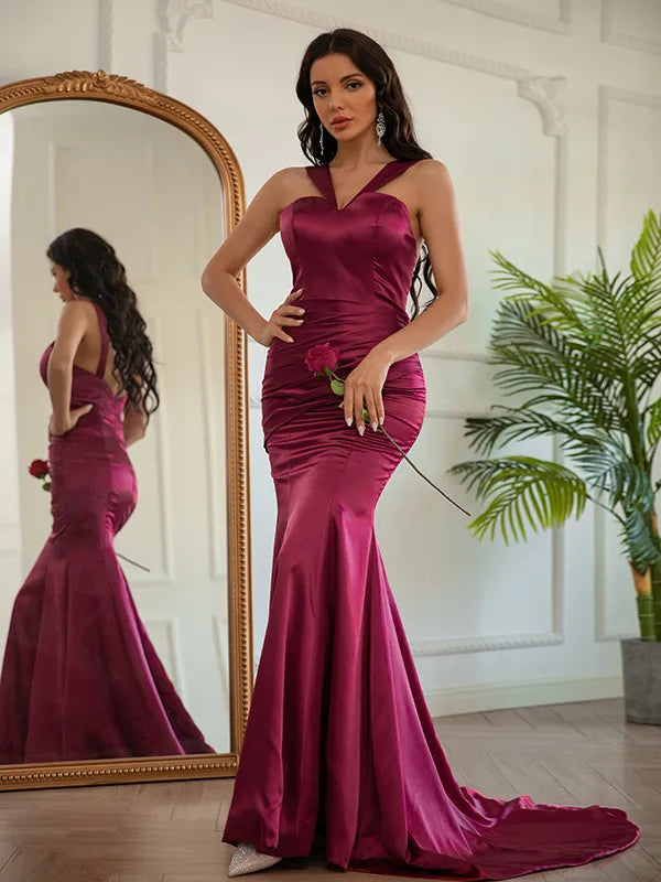 Luxury Burgundy Satin Mermaid Halter V Neck Ruched Open Back Train Prom Dress
