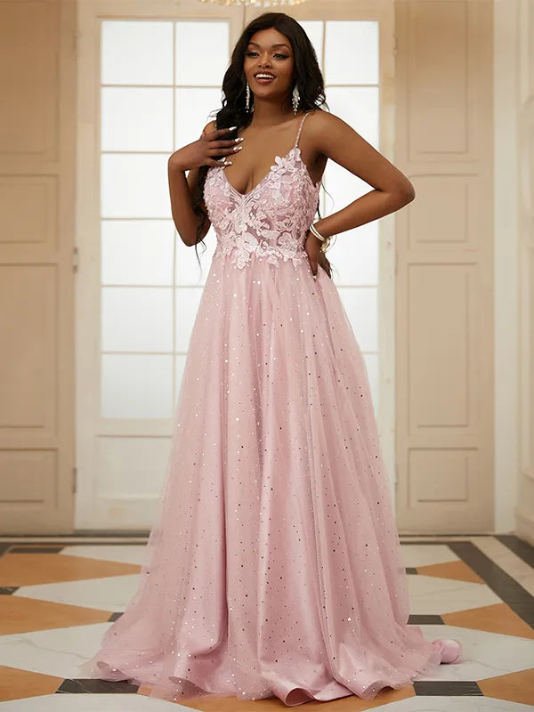 Dusty Pink Sequin Tulle A Line Spaghetti Strap V Neck Low Back Long Prom Dress