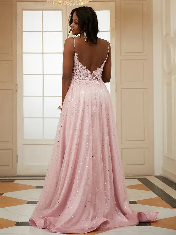 Dusty Pink Sequin Tulle A Line Spaghetti Strap V Neck Low Back Long Prom Dress