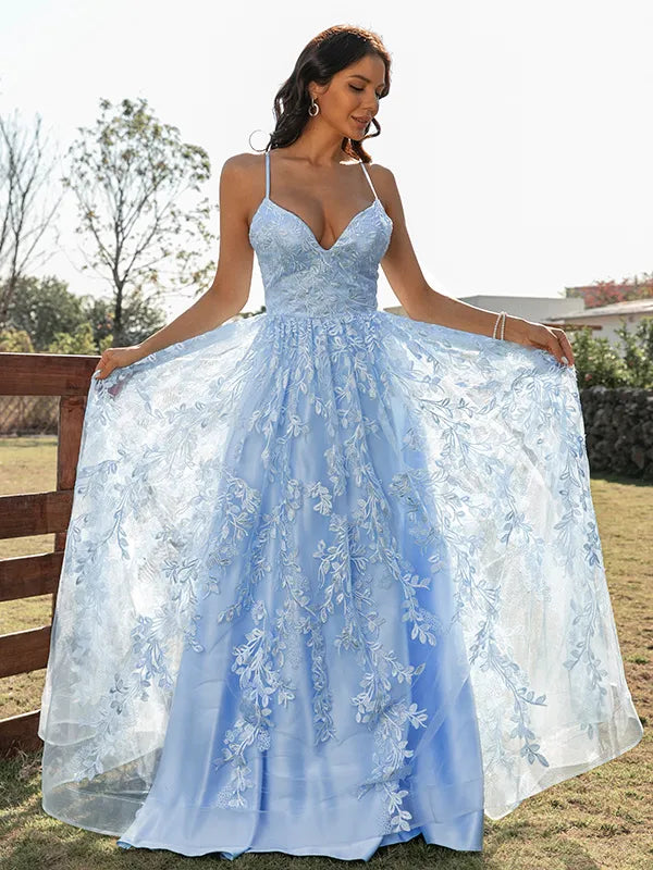 Light Blue Tulle Lace A Line Spaghetti Strap V Neck Corset Back Long Prom Dress