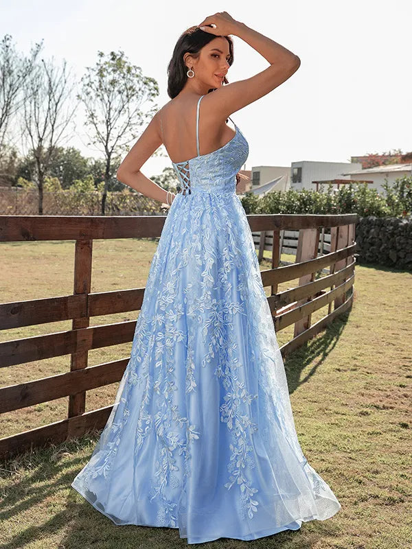 Light Blue Tulle Lace A Line Spaghetti Strap V Neck Corset Back Long Prom Dress
