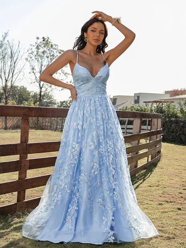 Light Blue Tulle Lace A Line Spaghetti Strap V Neck Corset Back Long Prom Dress