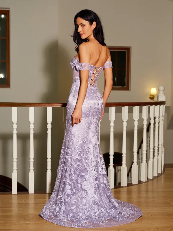 Gorgeous Lavender Lace Mermaid Sweetheart Off Shoulder Lace Back Prom Dress