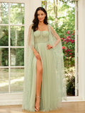Elegant Sage Green Tulle A-Line Sweetheart Strapless Cape Prom Dress