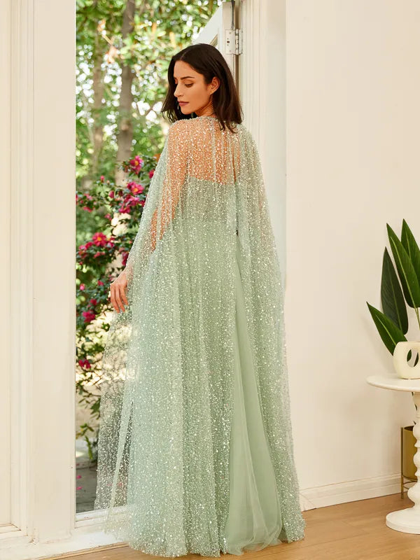 Elegant Sage Green Tulle A-Line Sweetheart Strapless Cape Prom Dress