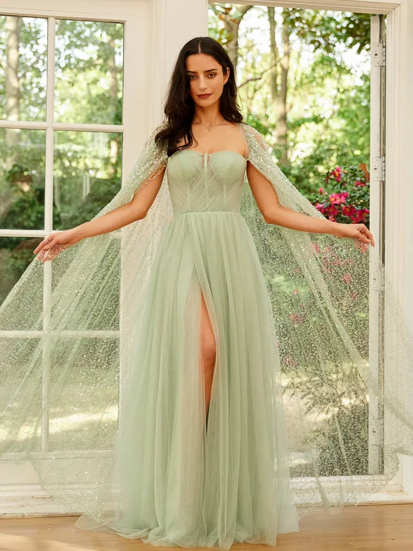 Elegant Sage Green Tulle A-Line Sweetheart Strapless Cape Prom Dress