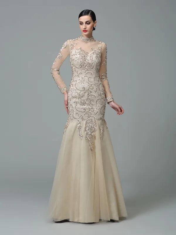Luxury Champagne Lace Mermaid High Neck Long Sleeve Zip Evening Dress