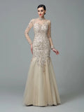 Luxury Champagne Lace Mermaid High Neck Long Sleeve Zip Evening Dress
