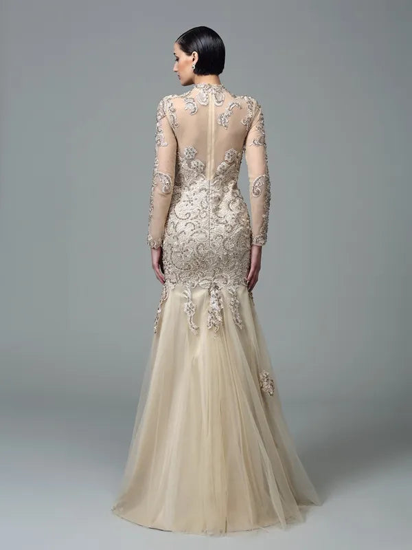 Luxury Champagne Lace Mermaid High Neck Long Sleeve Zip Evening Dress