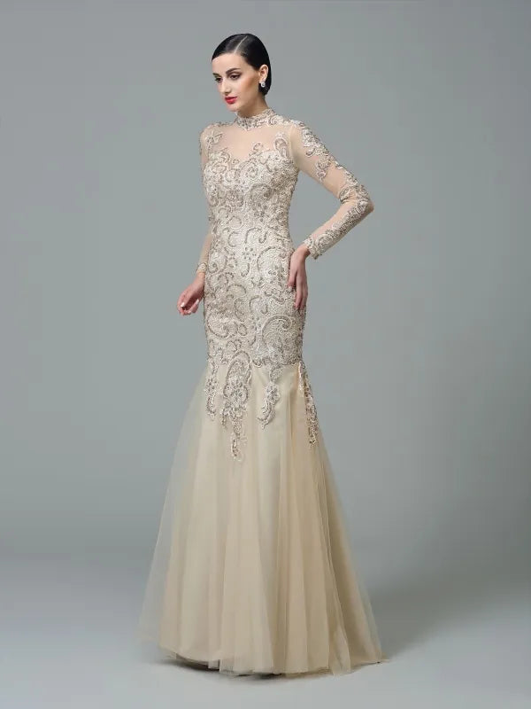 Luxury Champagne Lace Mermaid High Neck Long Sleeve Zip Evening Dress
