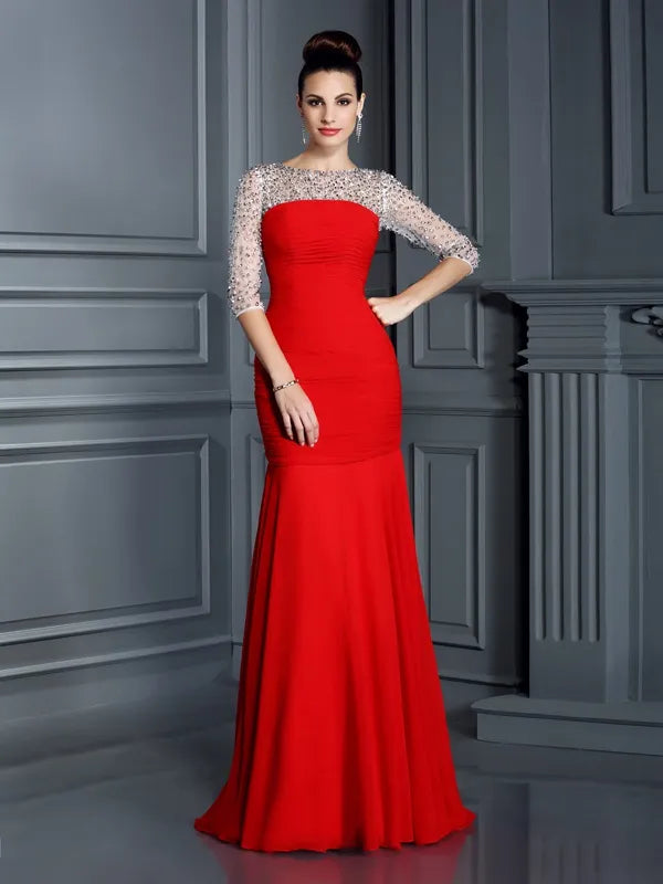 Gorgeous Red Chiffon Mermaid Bateau Three Quarter Keyhole Prom Dress