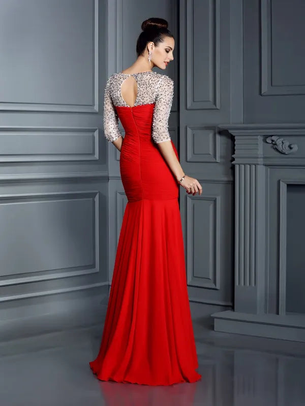 Gorgeous Red Chiffon Mermaid Bateau Three Quarter Keyhole Prom Dress