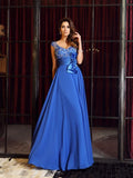 Gorgeous Royal Blue Chiffon A-Line V Neck Cap Sleeve Open Back Prom Dress