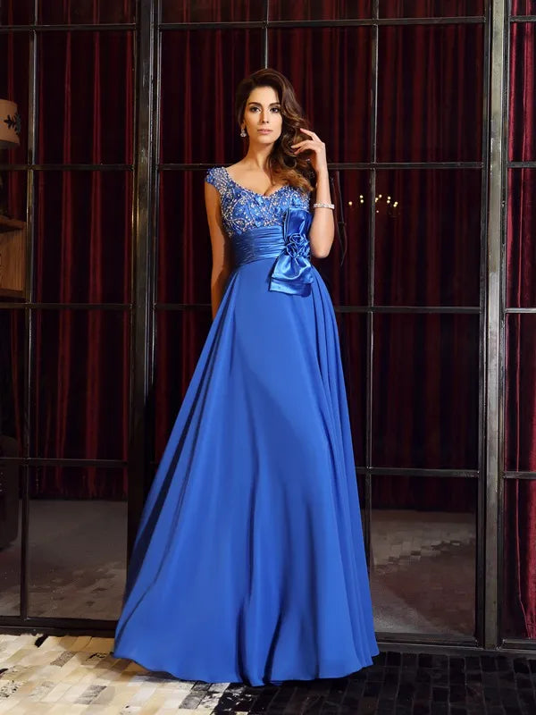 Gorgeous Royal Blue Chiffon A-Line V Neck Cap Sleeve Open Back Prom Dress