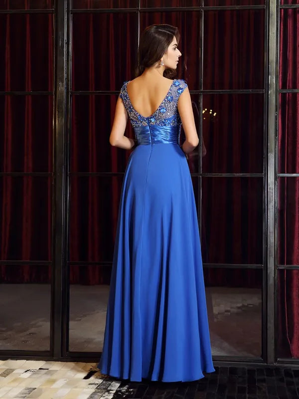 Gorgeous Royal Blue Chiffon A-Line V Neck Cap Sleeve Open Back Prom Dress
