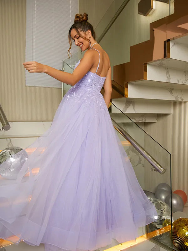Sparkly Lavender Tulle A-Line Square Spaghetti Strap Open Back Prom Dress
