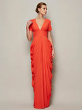 Chic Orange Chiffon A-Line V Neck Short Sleeve Solid Back Prom Dress