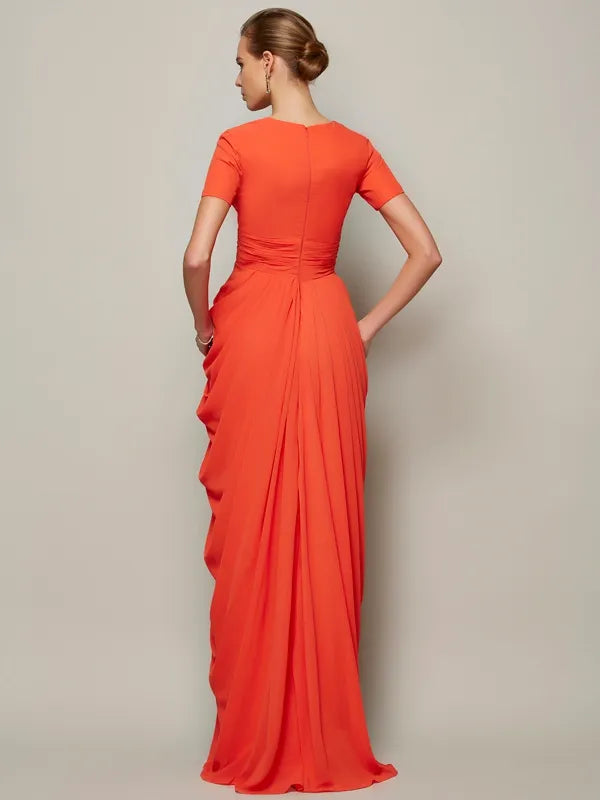 Chic Orange Chiffon A-Line V Neck Short Sleeve Solid Back Prom Dress