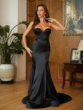 Elegant Black Satin Mermaid Sweetheart Strapless Open Back Prom Dress