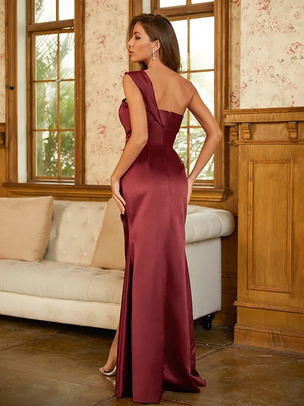 Elegant Burgundy Satin Mermaid One Shoulder Open Back Prom Dress