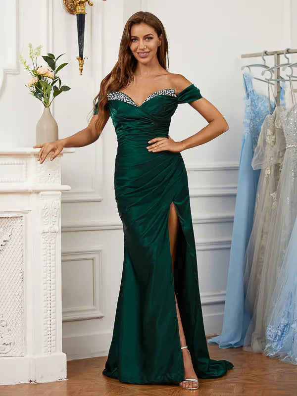 Glam Emerald Satin Mermaid Sweetheart Off Shoulder Solid Back Train Prom Dress