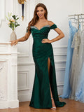 Glam Emerald Satin Mermaid Sweetheart Off Shoulder Solid Back Train Prom Dress