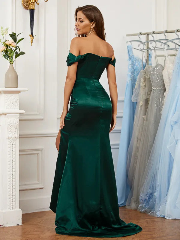 Glam Emerald Satin Mermaid Sweetheart Off Shoulder Solid Back Train Prom Dress