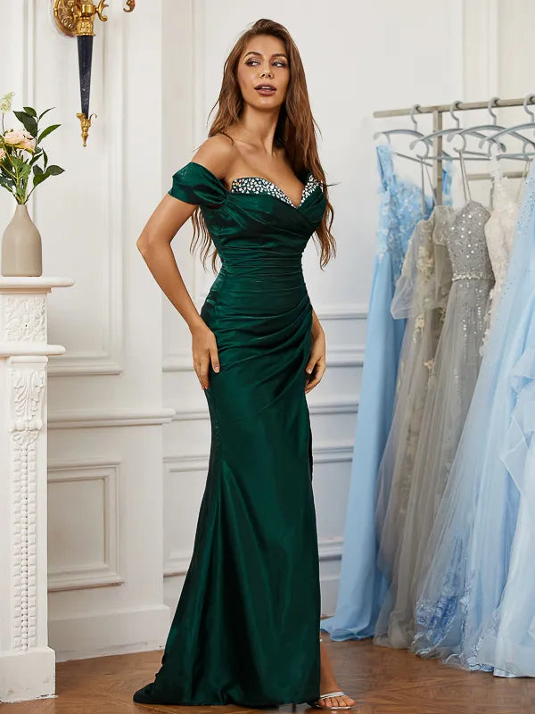 Glam Emerald Satin Mermaid Sweetheart Off Shoulder Solid Back Train Prom Dress